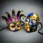 Venetian Masquerade Masks Jester with Bells and Skull Day of the Dead Couple Masquerade -Blue Gold Purple