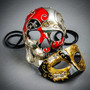 Venetian Red Silver Skull and Gold Black Music Half Mask for Couple's Masquerade Mask