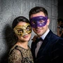 Gold Venetian Crackle Harlequin Mask & Purple Glitter Half Face Ball Masquerade Couple Mask Set
