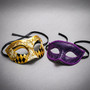 Gold Venetian Crackle Harlequin Mask & Purple Glitter Half Face Ball Masquerade Couple Mask Set