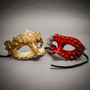 Red Spiked Punk and Gold Lace Filigree Crackle Masquerade Couple Costume Mask