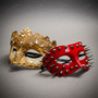Red Spiked Punk and Gold Lace Filigree Crackle Masquerade Couple Costume Mask