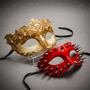 Red Spiked Punk and Gold Lace Filigree Crackle Masquerade Couple Costume Mask