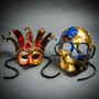 Venetian Masquerade Masks Jester with Bells and Skull Day of the Dead Couple Masquerade - Blue Gold Red