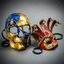 Venetian Masquerade Masks Jester with Bells and Skull Day of the Dead Couple Masquerade - Blue Gold Red