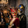 Venetian Masquerade Masks Jester with Bells and Skull Day of the Dead Couple Masquerade - Blue Gold Red