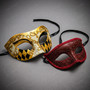Gold Venetian Crackle Harlequin Mask & Red Glitter Half Face Ball Masquerade Couple Mask Set