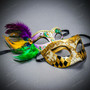 Gold Black Harlequin and Feathered Purple Green Floral Masquerade Couple Party Mask