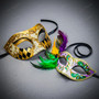 Gold Black Harlequin and Feathered Purple Green Floral Masquerade Couple Party Mask