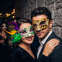 Gold Black Harlequin and Feathered Purple Green Floral Masquerade Couple Party Mask