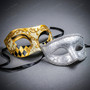 Gold Venetian Crackle Harlequin Mask & Silver Glitter Half Face Ball Masquerade Couple Mask Set