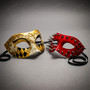 Venetian Gold Harlequin and Red Spiked Punk Eye Masquerade Couple Party Costume Mask
