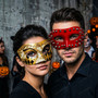 Venetian Gold Harlequin and Red Spiked Punk Eye Masquerade Couple Party Costume Mask
