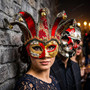Venetian Masquerade Masks Jester with Bells and Skull Day of the Dead Couple Masquerade - Red Silver Gold