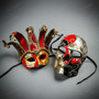 Venetian Masquerade Masks Jester with Bells and Skull Day of the Dead Couple Masquerade - Red Silver Gold