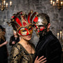 Venetian Masquerade Masks Jester with Bells and Skull Day of the Dead Couple Masquerade - Red Silver Gold