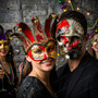 Venetian Masquerade Masks Jester with Bells and Skull Day of the Dead Couple Masquerade - Red Silver Gold