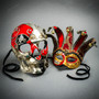 Venetian Masquerade Masks Jester with Bells and Skull Day of the Dead Couple Masquerade - Red Silver Gold