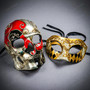 Red Silver Day of the Dead Skull and Gold Harlequin Eye Mask Couple Costume Masks