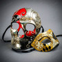 Red Silver Day of the Dead Skull and Gold Harlequin Eye Mask Couple Costume Masks