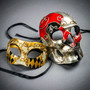 Red Silver Day of the Dead Skull and Gold Harlequin Eye Mask Couple Costume Masks