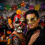 Red Silver Day of the Dead Skull and Gold Harlequin Eye Mask Couple Costume Masks