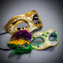 Venetian Masquerade Mask Gold Harlequin and Feathered Mardi Gras Eye Masks for Couples