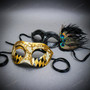 Gold Crackle Harlequin Venetian Mask & Black Peacock Feather Eye Mask | Couples' Masquerade Set