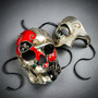 Silver Harlequin Phantom of the Opera & Red Day of The Dead Skull Masquerade Couple Mask Set
