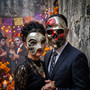 Silver Harlequin Phantom of the Opera & Red Day of The Dead Skull Masquerade Couple Mask Set