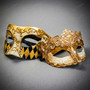Gold Venetian Harlequin & Ivory Crystal Lace Masquerade Half Mask Couples Masquerade Set