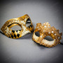 Gold Venetian Harlequin & Ivory Crystal Lace Masquerade Half Mask Couples Masquerade Set