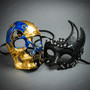 Men and Women Masquerade Party Mask Black Rhinestone Wing and Gold Blue Skull Filigree