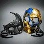 Men and Women Masquerade Party Mask Black Rhinestone Wing and Gold Blue Skull Filigree
