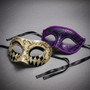 Venetian Masquerade Eye Masks with Silver Harlequin Pattern and Purple Glitter Scroll Accents