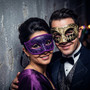 Venetian Masquerade Eye Masks with Silver Harlequin Pattern and Purple Glitter Scroll Accents