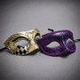 Venetian Masquerade Eye Masks with Silver Harlequin Pattern and Purple Glitter Scroll Accents