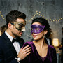 Venetian Masquerade Eye Masks with Silver Harlequin Pattern and Purple Glitter Scroll Accents