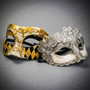 Gold Venetian Harlequin & Silver Crystal Lace Masquerade Half Mask Couples Masquerade Set