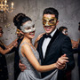 Gold Venetian Harlequin & Silver Crystal Lace Masquerade Half Mask Couples Masquerade Set