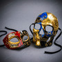 Venetian Blue Gold Skull and Red Music Half Mask for Couple's Masquerade Mask