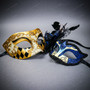 Venetian Gold Harlequin & Royal Blue Feather Eye Mask Couple Masquerade Set