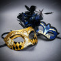 Venetian Gold Harlequin & Royal Blue Feather Eye Mask Couple Masquerade Set