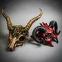 Horned Bloody Demon and Forest Skull Masquerade Couple's Party Mask for Halloween Costumes