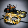 Venetian Gold Harlequin & Black Feather Eye Mask Couple Masquerade Set