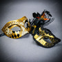 Venetian Gold Harlequin & Black Feather Eye Mask Couple Masquerade Set