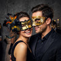 Venetian Gold Harlequin & Black Feather Eye Mask Couple Masquerade Set