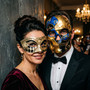 Luxury Men's Venetian Masquerade Mask Skull and Harlequin Eye Mask in Blue Gold and Black
