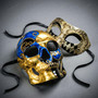 Luxury Men's Venetian Masquerade Mask Skull and Harlequin Eye Mask in Blue Gold and Black