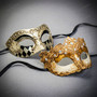 Venetian Men and Women Masquerade Mask Gold Harlequin and Gold Lace Jeweled Eye Mask